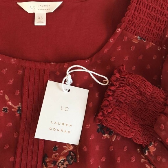 Lauren Conrad Swiss Dot Smocked Blouse Floral XS - Picture 8 of 8